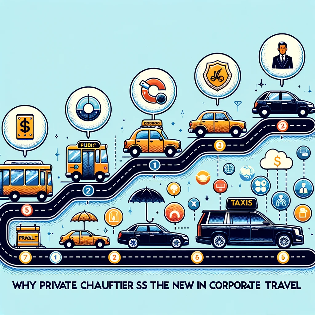 dltsl.com Illustration of a timeline showcasing the evolution of corporate travel. It starts with public buses moves to traditional taxis and ends with privat